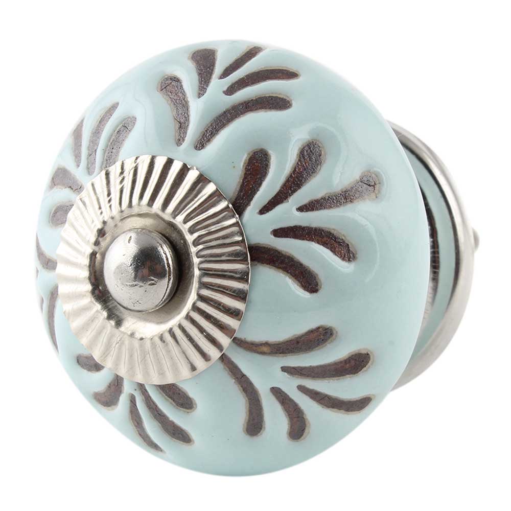 Light Sage Green Etched Leaf Ceramic Knobs